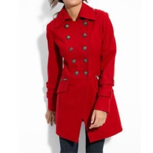 Guess Red Double Breasted Pea Coat Small